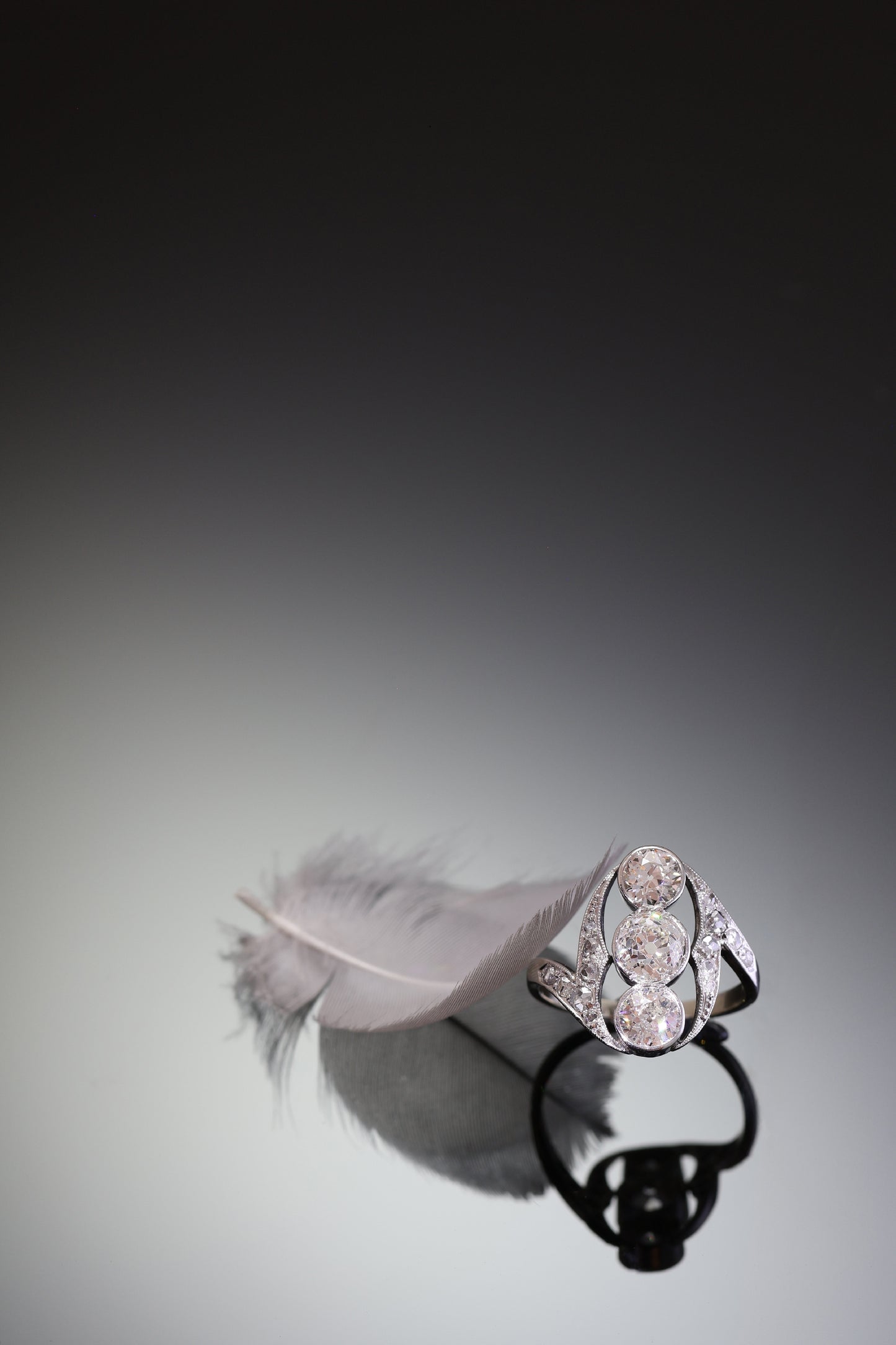 Antique Belle Epoque Diamond Ring, Three Stones and Rose Cut Shoulders