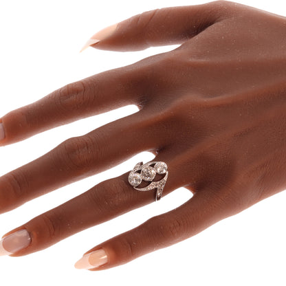 Antique Belle Epoque Diamond Ring, Three Stones and Rose Cut Shoulders