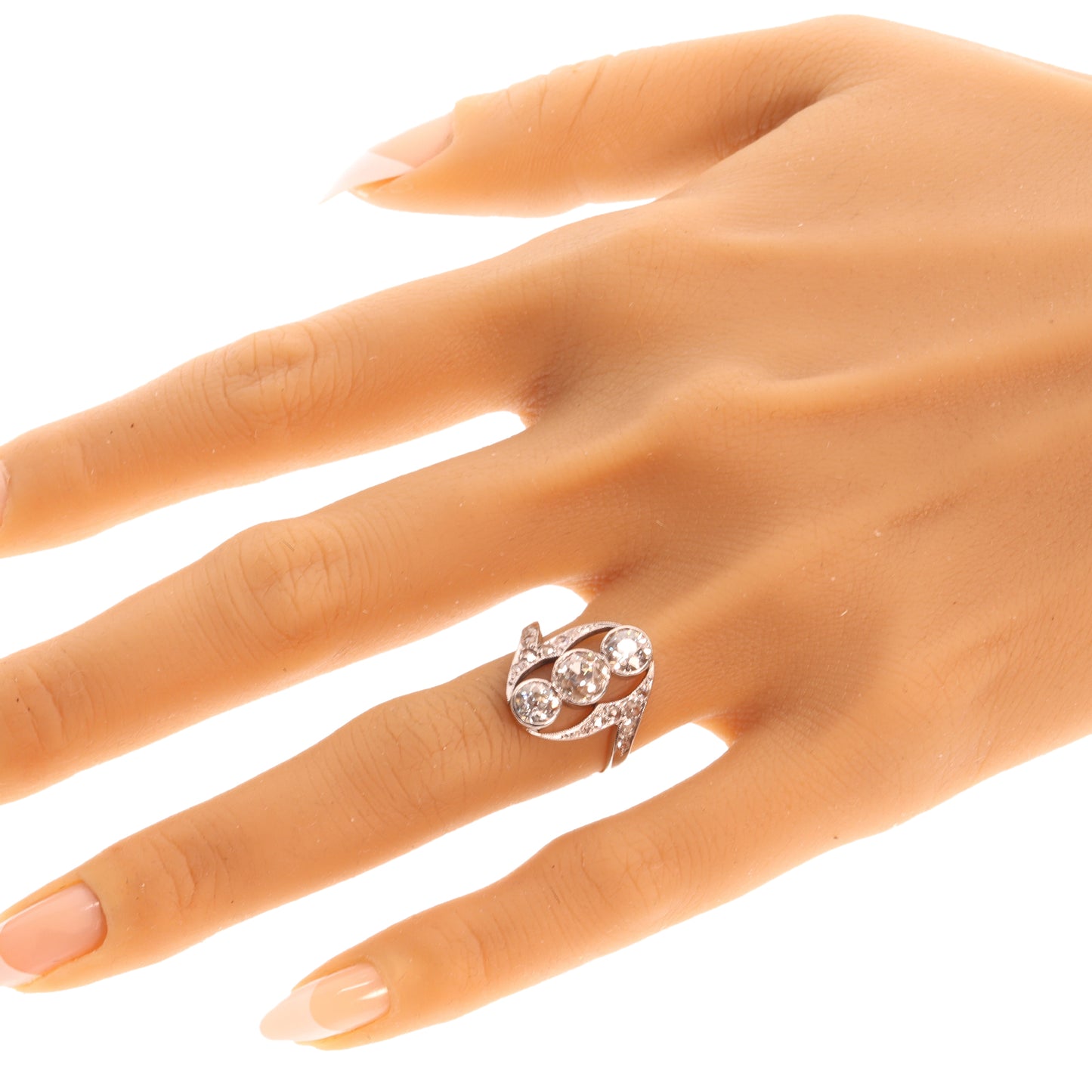 Antique Belle Epoque Diamond Ring, Three Stones and Rose Cut Shoulders