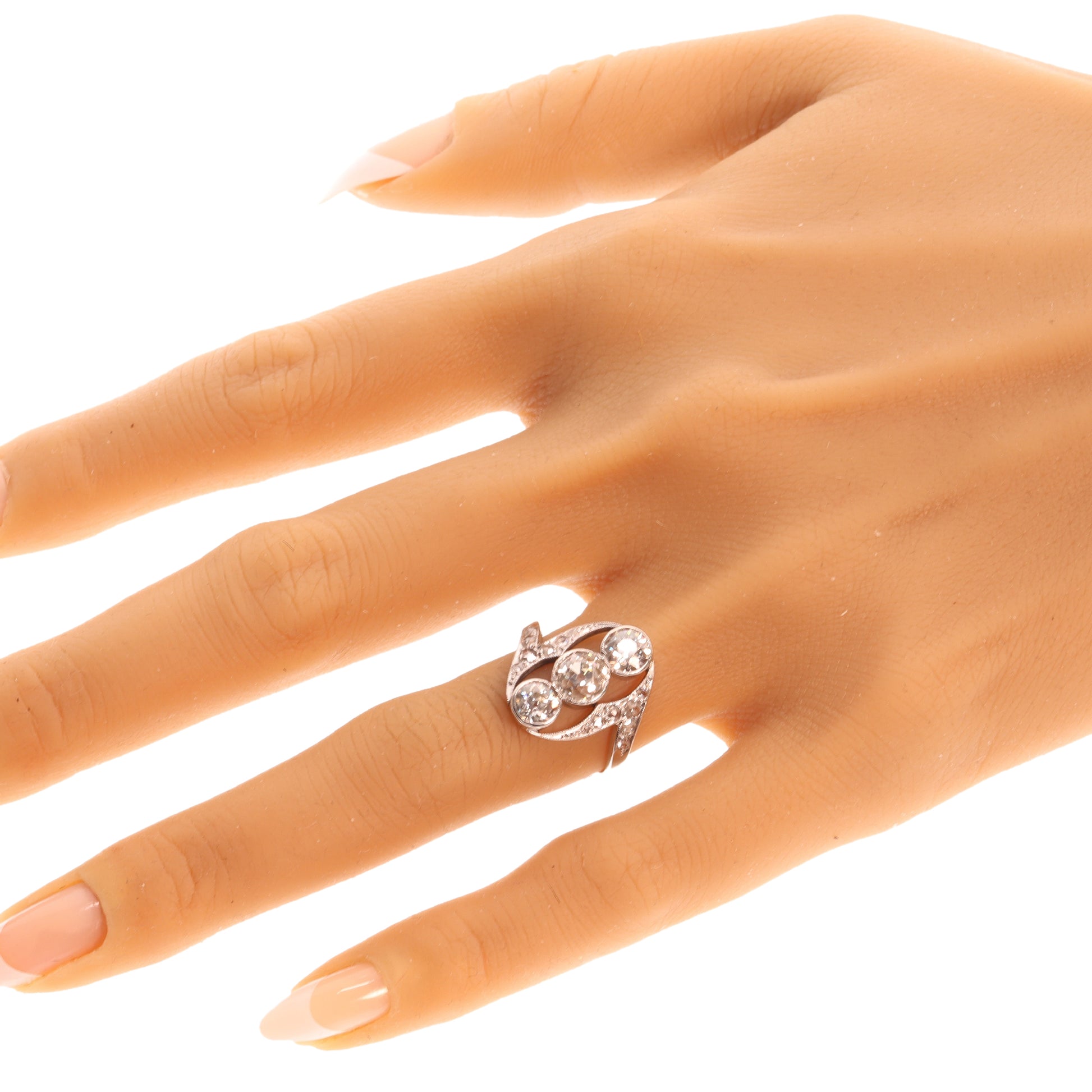 Antique Belle Epoque Diamond Ring, Three Stones and Rose Cut Shoulders