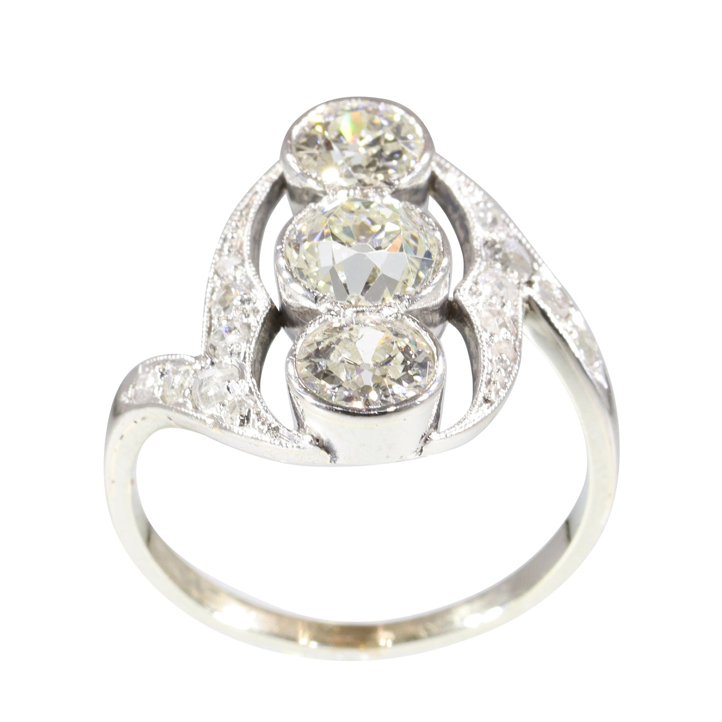 Antique Belle Epoque Diamond Ring, Three Stones and Rose Cut Shoulders
