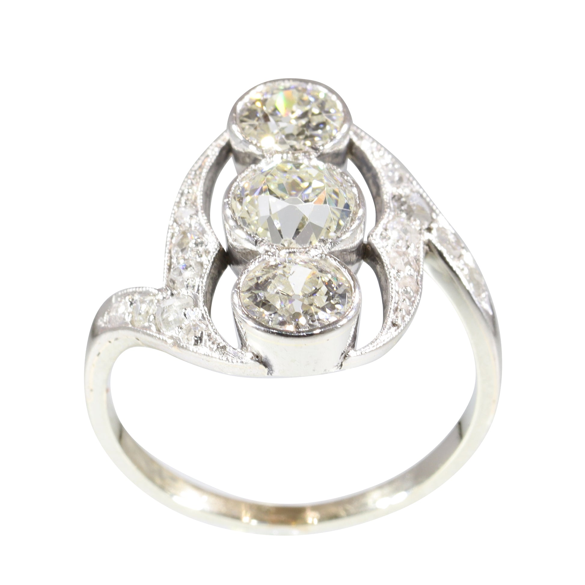 Antique Belle Epoque Diamond Ring, Three Stones and Rose Cut Shoulders