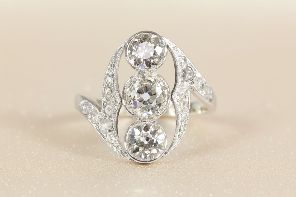 Antique Belle Epoque Diamond Ring, Three Stones and Rose Cut Shoulders