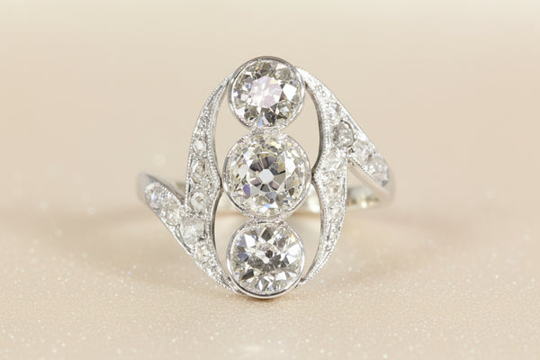 Antique Belle Epoque Diamond Ring, Three Stones and Rose Cut Shoulders