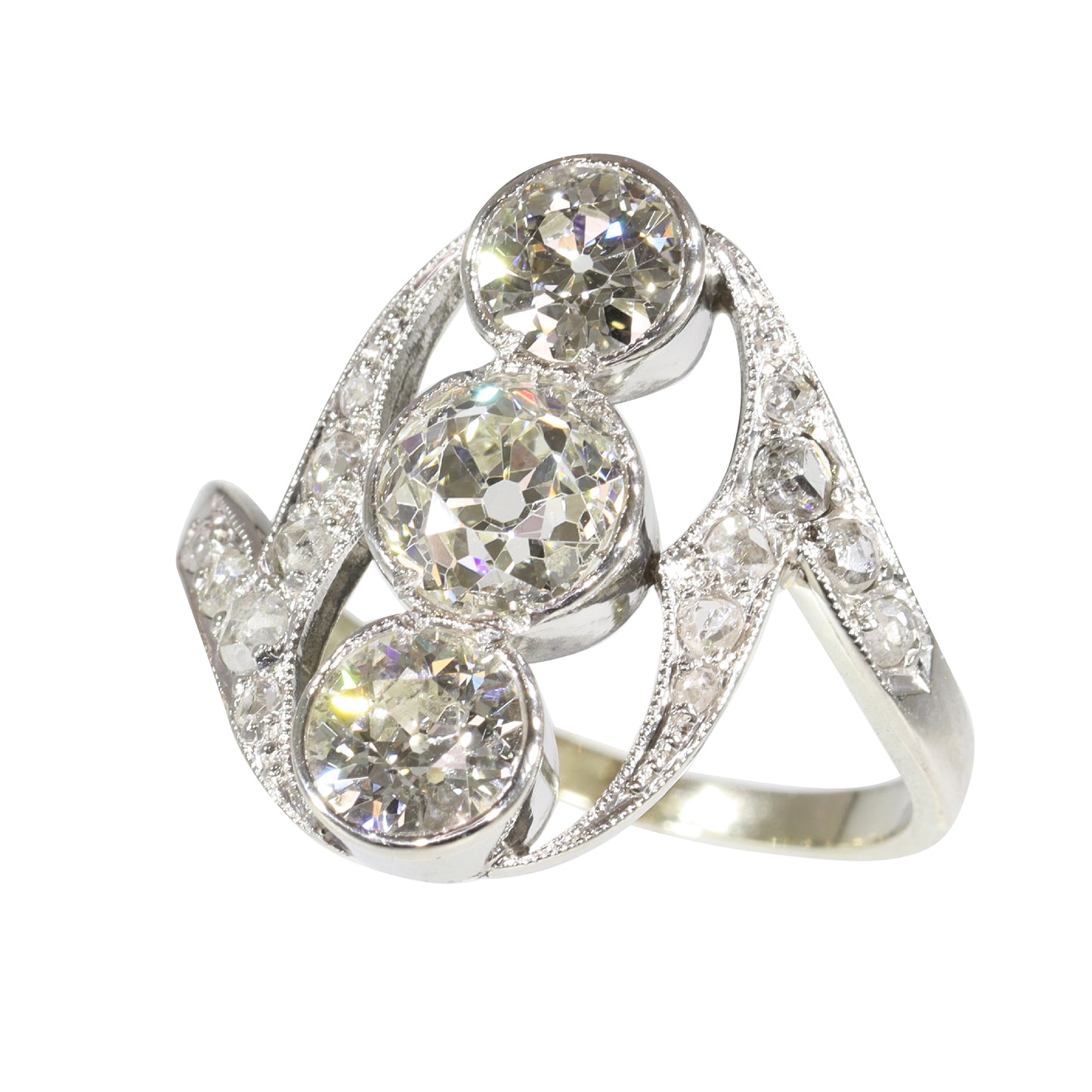 Antique Belle Epoque Diamond Ring, Three Stones and Rose Cut Shoulders