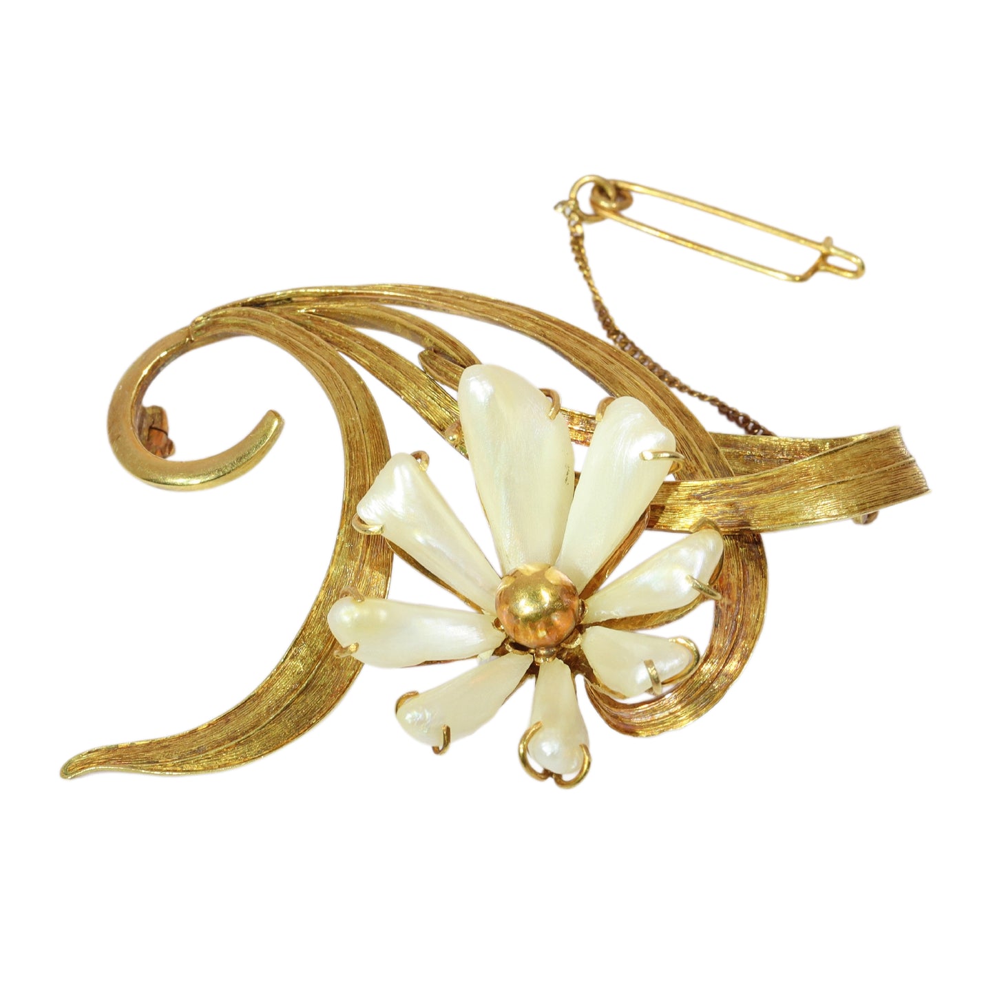 An antique yellow gold flower brooch with elongated white pearls