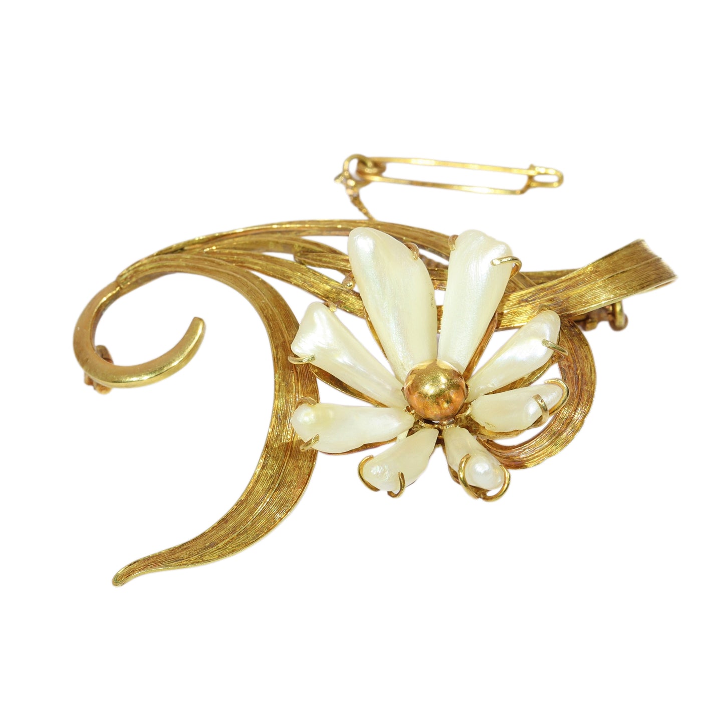 An antique yellow gold flower brooch with elongated white pearls