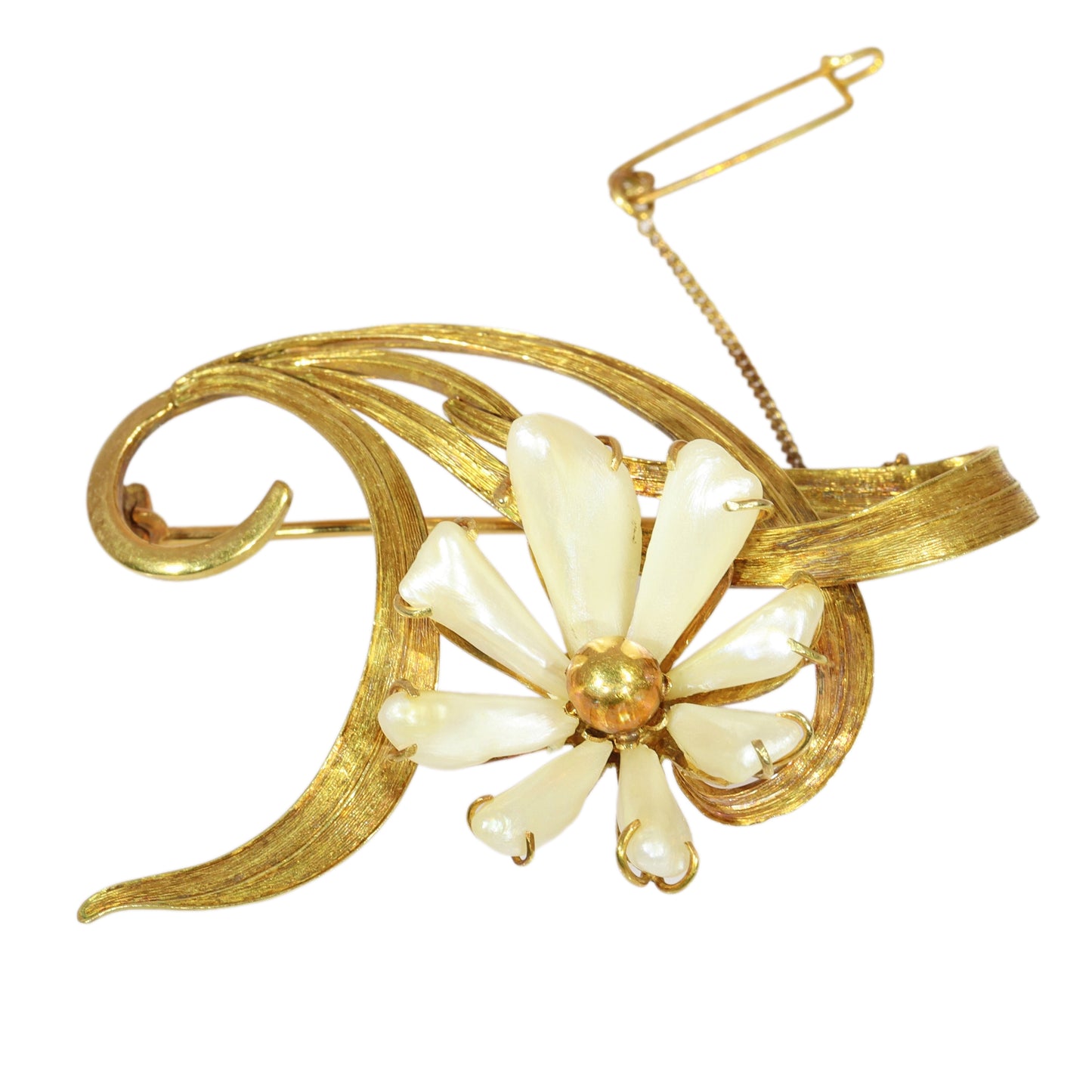 An antique yellow gold flower brooch with elongated white pearls