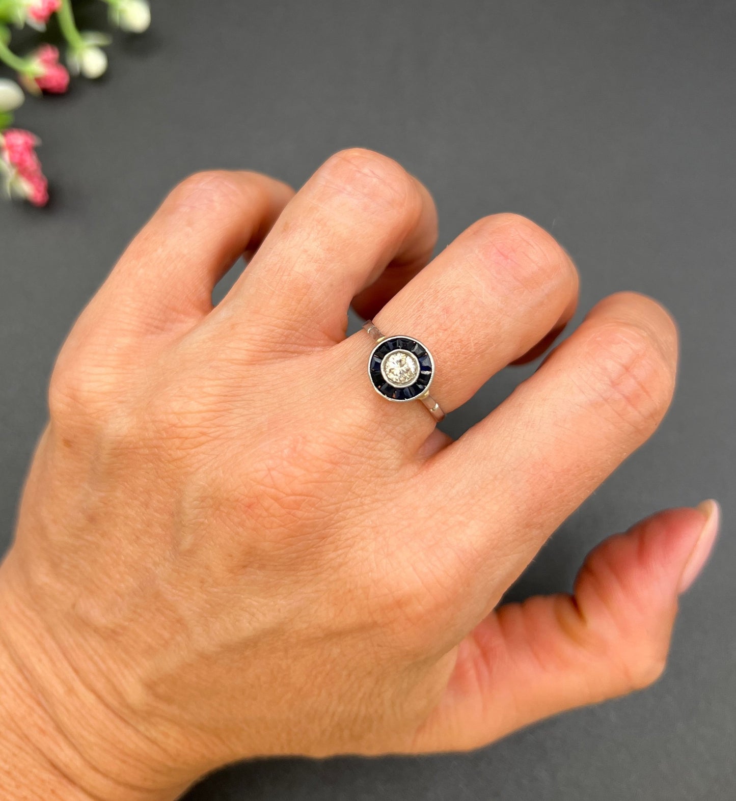 Antique 18 ct White Gold And Platinum Art Deco Sapphire And Diamond Target Ring