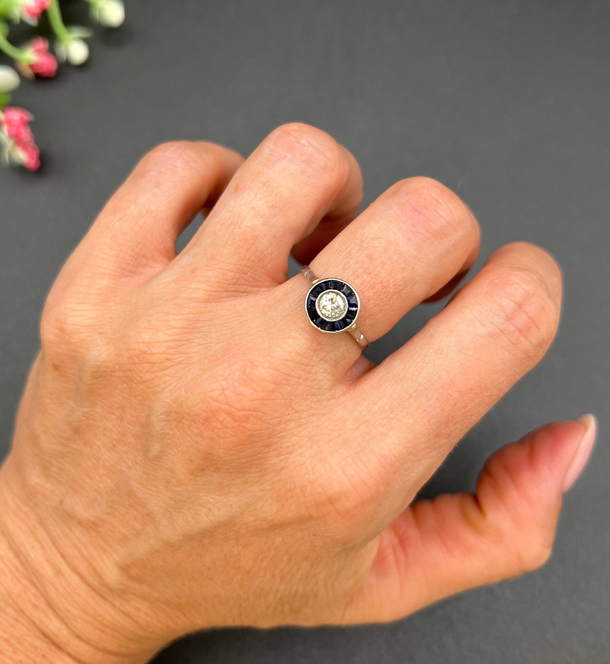 Antique 18 ct White Gold And Platinum Art Deco Sapphire And Diamond Target Ring