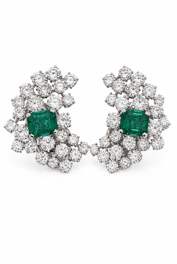 Vintage Colombian Emerald & Diamond Cluster Clip-On Earrings in 18ct White Gold