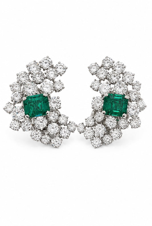 Vintage Colombian Emerald & Diamond Cluster Clip-On Earrings in 18ct White Gold