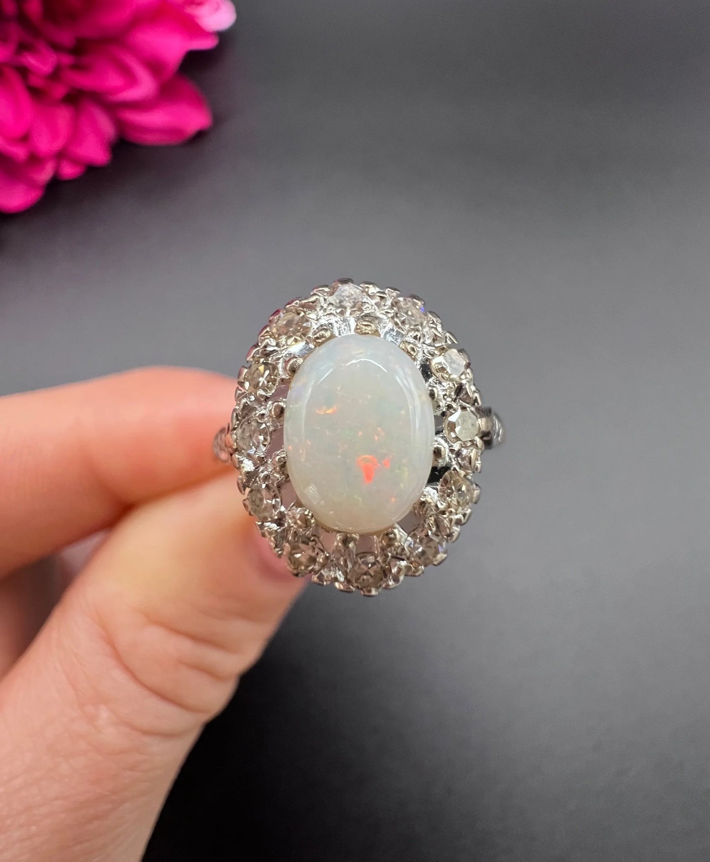 Vintage 18 Carat Yellow Gold Opal and Diamond Oval Cluster Ring, Hallmarked 1963