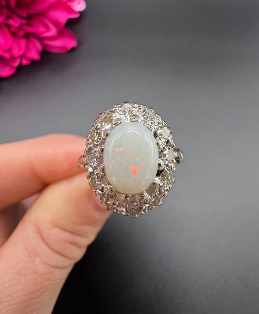 Vintage 18 Carat Yellow Gold Opal and Diamond Oval Cluster Ring, Hallmarked 1963
