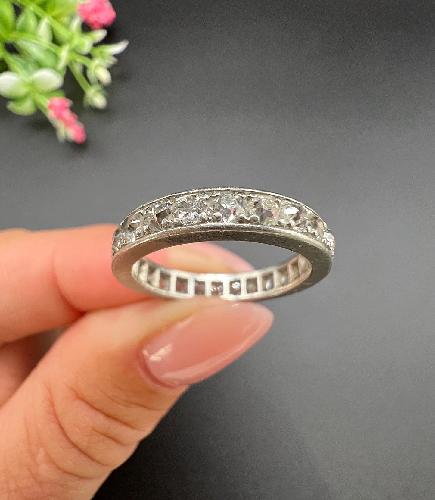Antique French Platinum Diamond Full Eternity Ring, 1.20 Carats, Circa 1920
