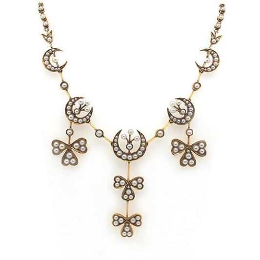 Antique Pearl and 15ct Yellow Gold Crescent and Clover Necklace
