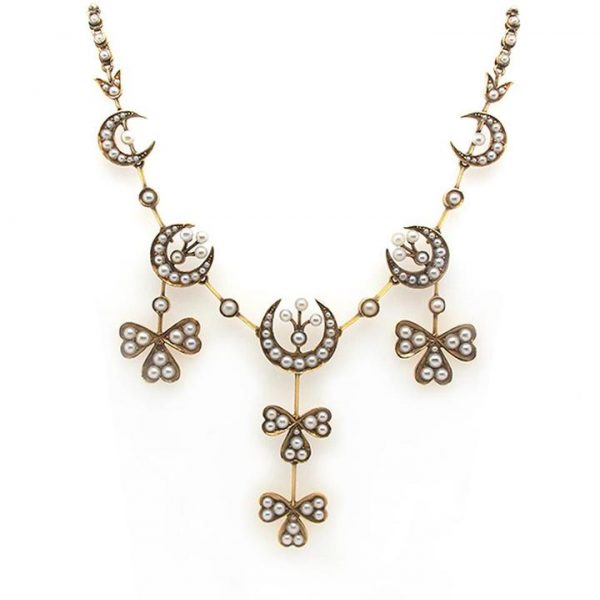Antique Pearl and 15ct Yellow Gold Crescent and Clover Necklace