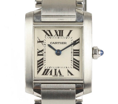 Cartier Tank Française Ladies 2384 Small Size Stainless Steel 20mm Quartz Watch, white dial, Roman numerals, blue steel hands, blue cabochon gem set crown, Cartier stainless steel bracelet with a hidden double deployant clasp.