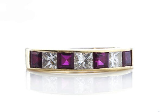 Garrard Princess Cut Ruby and Diamond Half Eternity Ring, 0.64ct princess-cut rubies and 0.48cts princess-cut diamonds, in 18ct Yellow Gold
