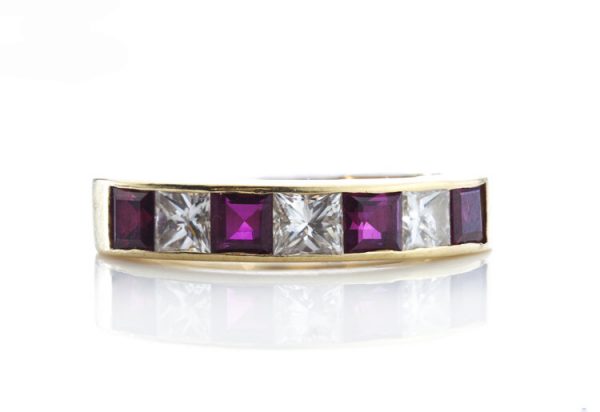 Garrard Princess Cut Ruby and Diamond Half Eternity Ring, 0.64ct princess-cut rubies and 0.48cts princess-cut diamonds, in 18ct Yellow Gold
