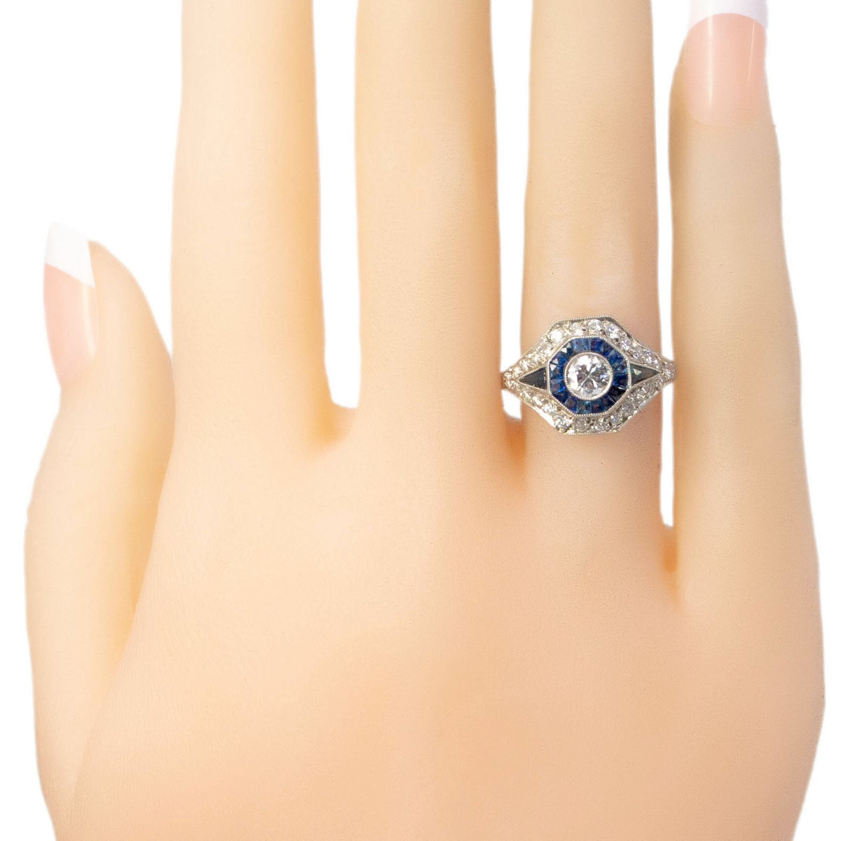 Art Deco Style Sapphire, Diamond and Platinum Target Cluster Ring