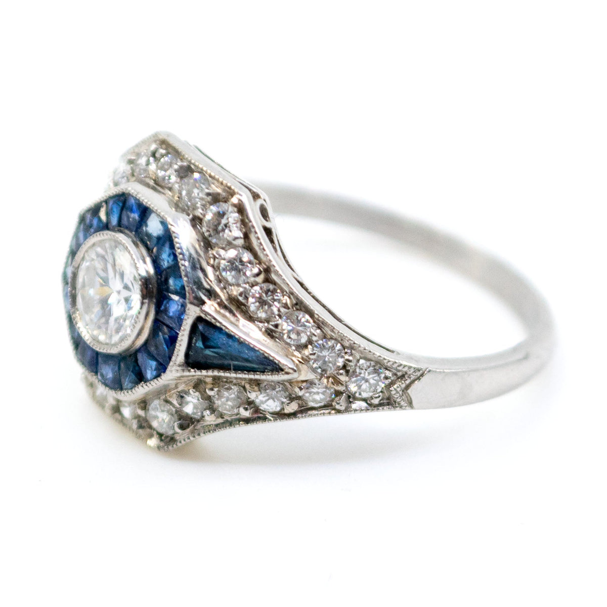 Art Deco Style Sapphire, Diamond and Platinum Target Cluster Ring
