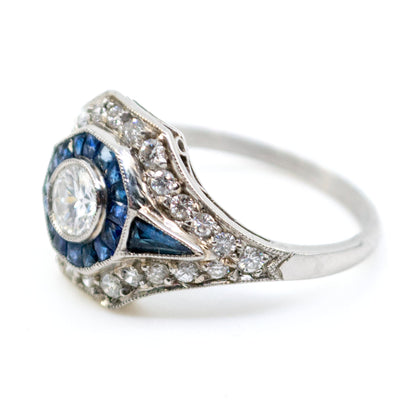 Art Deco Style Sapphire, Diamond and Platinum Target Cluster Ring