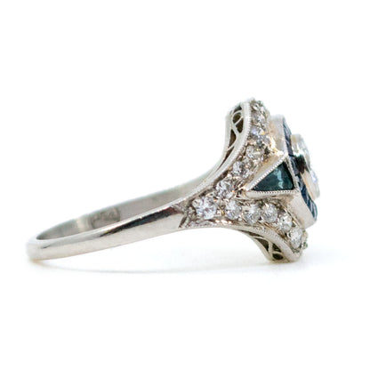 Art Deco Style Sapphire, Diamond and Platinum Target Cluster Ring