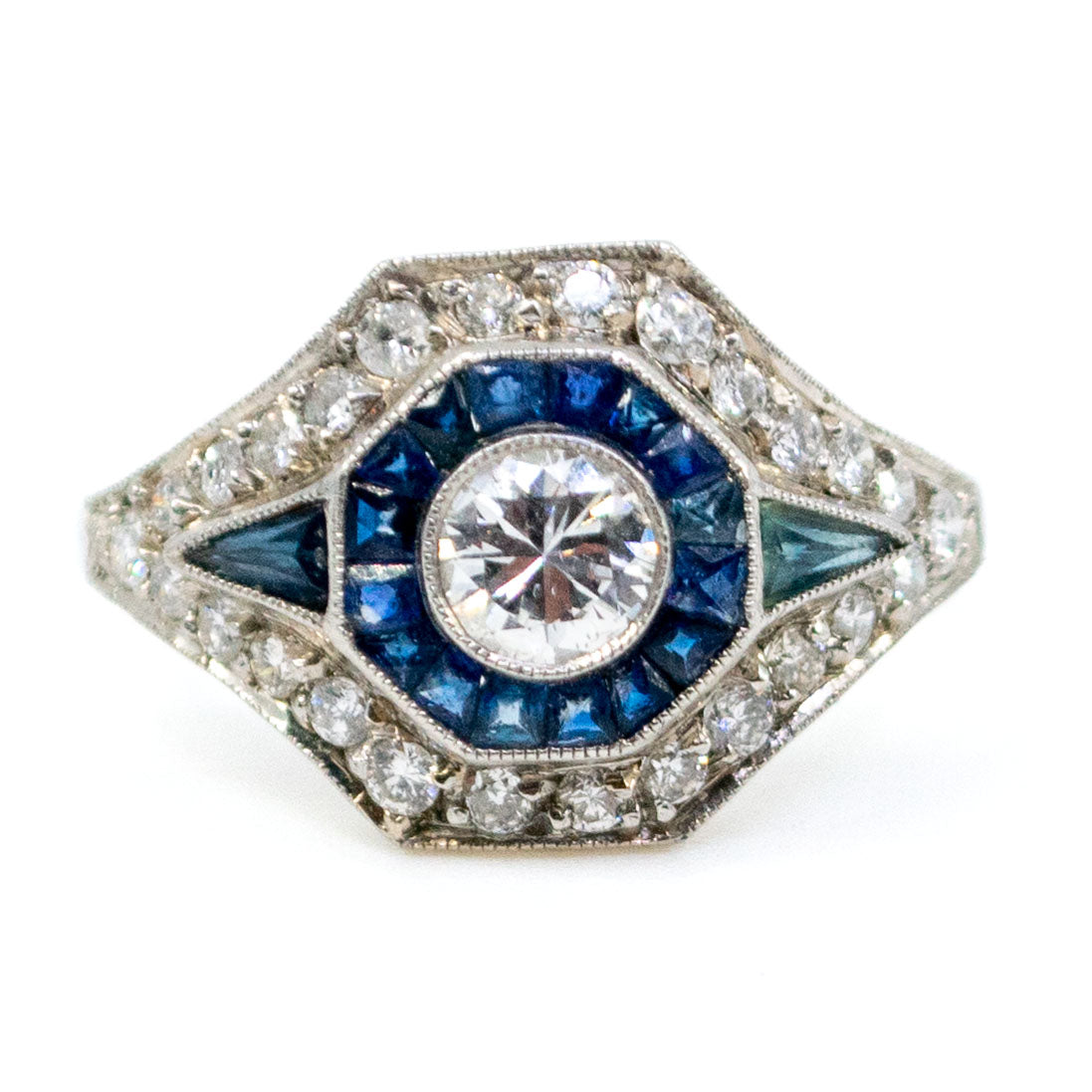 Art Deco Style Sapphire, Diamond and Platinum Target Cluster Ring