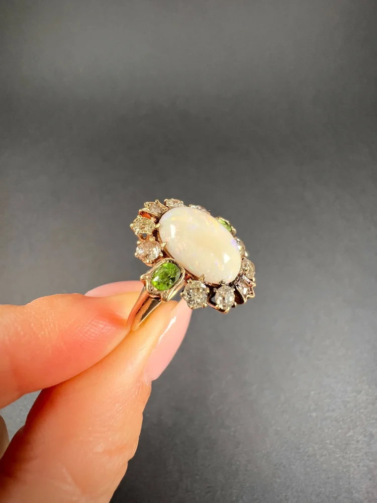 Victorian Antique Opal Diamond and Demantoid Garnet Cluster Ring