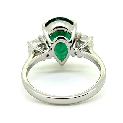 3.69ct Pear Cut Emerald and Diamond Trilogy Three Stone Engagement Ring
