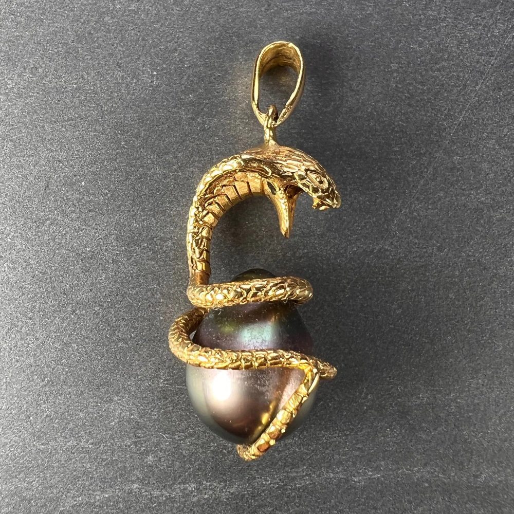 King Cobra Snake and Black Tahitian Pearl Pendant