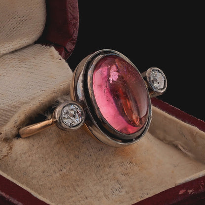 Antique 6ct Cabochon Pink Tourmaline and Diamond Trilogy Three Stone Engagement Ring