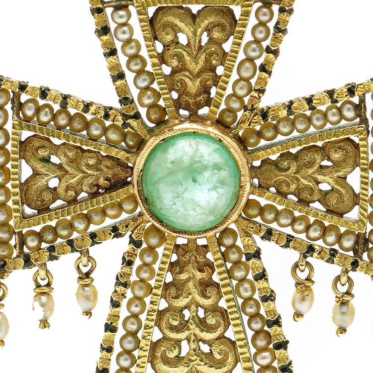 Byzantine Inspired 18ct Gold, Emerald and Seed Pearl Cross Pendant