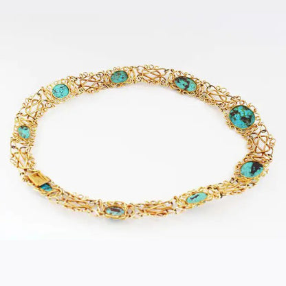 Antique Art Nouveau Iranian Turquoise and 14ct Yellow Gold Wire Choker Necklace