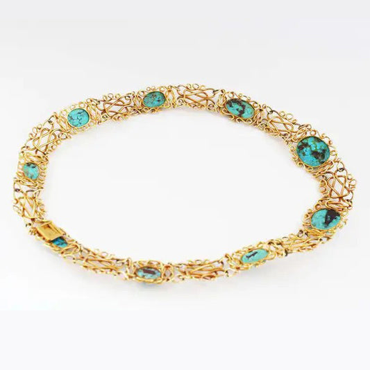 Antique Art Nouveau Iranian Turquoise and 14ct Yellow Gold Wire Choker Necklace