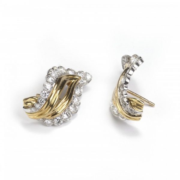 Vintage Gold, Platinum and Diamond Leaf Shaped Earrings, 3.50 carats