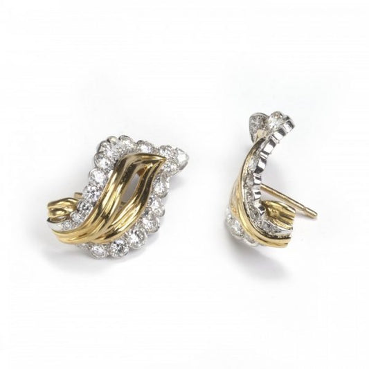 Vintage Gold, Platinum and Diamond Leaf Shaped Earrings, 3.50 carats
