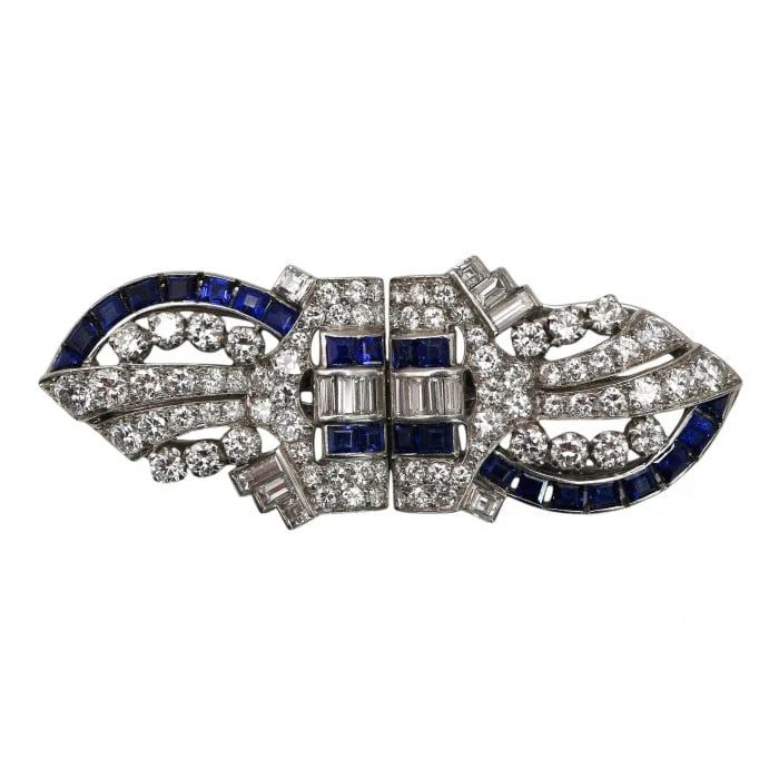 Art Deco Tiffany and Co Sapphire Diamond and Platinum Double Clip Brooch