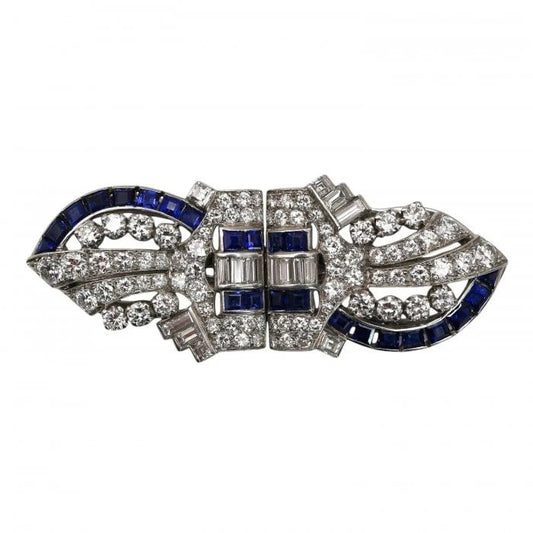 Art Deco Tiffany and Co Sapphire Diamond and Platinum Double Clip Brooch