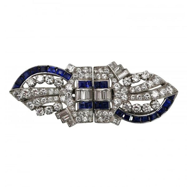 Art Deco Tiffany and Co Sapphire Diamond and Platinum Double Clip Brooch