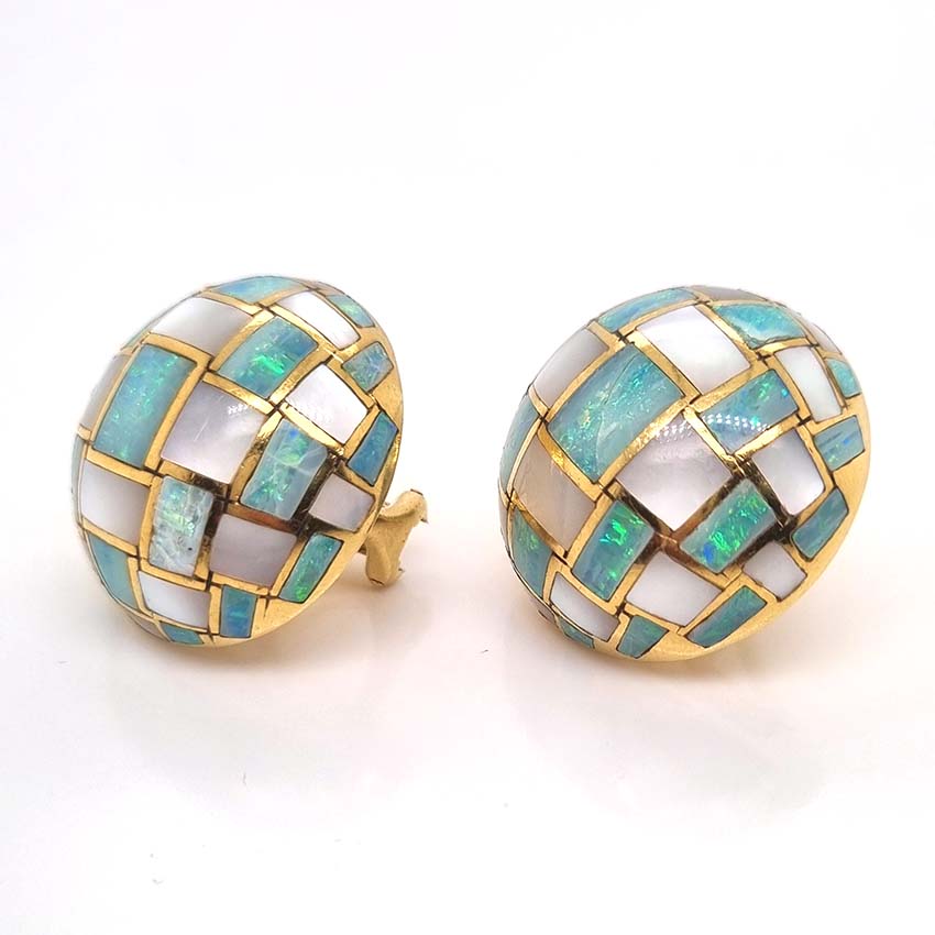 Tiffany and Co Opal and Mother of Pearl Set 18ct Yellow Gold Domed Disc Earrings with post and clip fittings