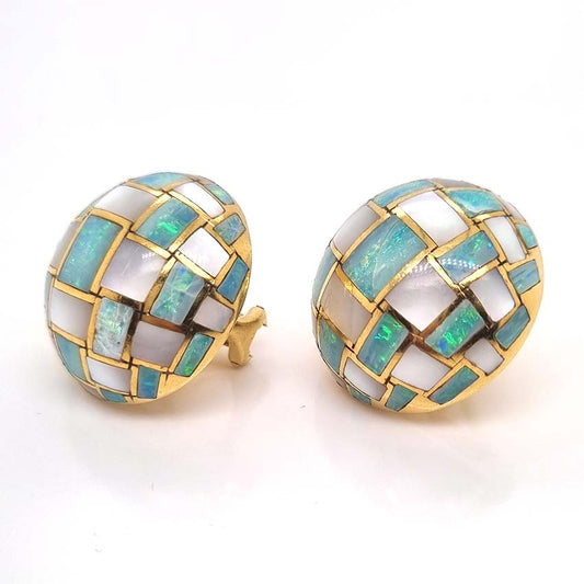 Tiffany and Co Opal and Mother of Pearl Set 18ct Yellow Gold Domed Disc Earrings with post and clip fittings