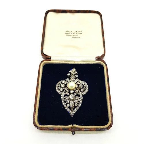 Antique Natural Pearl and Old Cut Diamond Brooch Come Pendant