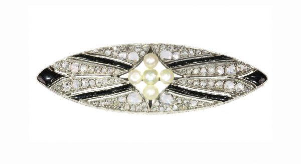 Vintage Art Deco Pearl Onyx and Diamond Brooch, Silver and Gold