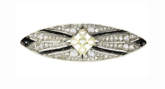Vintage Art Deco Pearl Onyx and Diamond Brooch, Silver and Gold