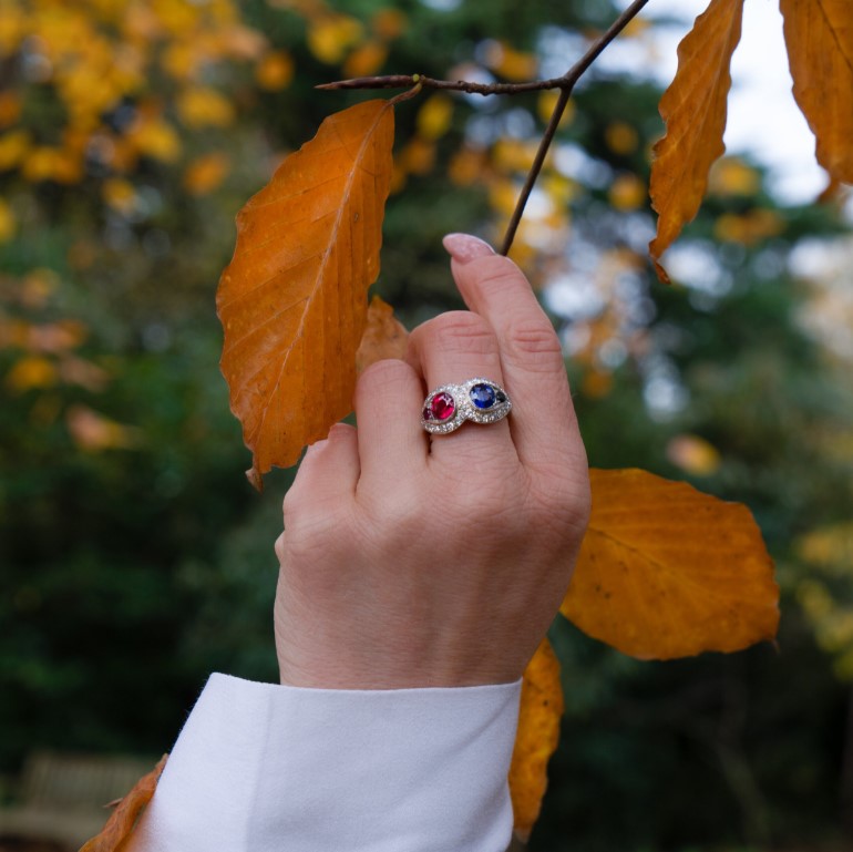 Ruby Sapphire and Diamond Two Stone Double Cluster Ring