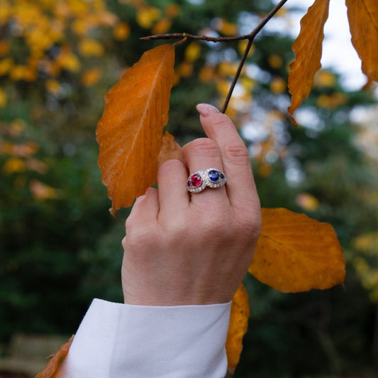Ruby Sapphire and Diamond Two Stone Double Cluster Ring