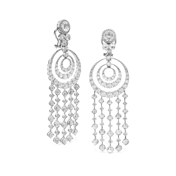 Rose Cut Diamond Spiral Drop Earrings, set with 10.86 carats of dangling round rose cut diamonds with concentric spirals at the centre