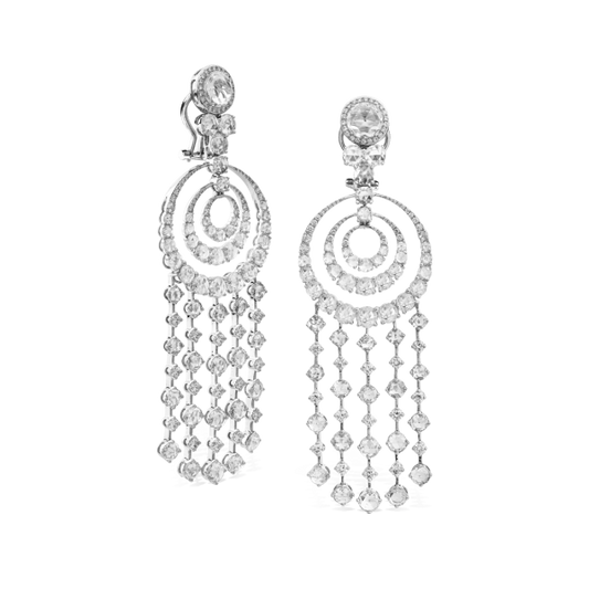 Rose Cut Diamond Spiral Drop Earrings, set with 10.86 carats of dangling round rose cut diamonds with concentric spirals at the centre